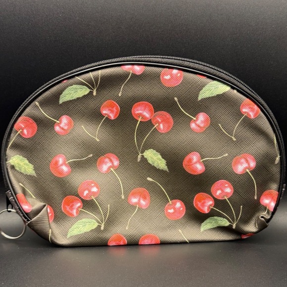 Handbags - Cherry Print Cosmetic Bag Black Red Fruit Pattern Makeup Pouch Zipper